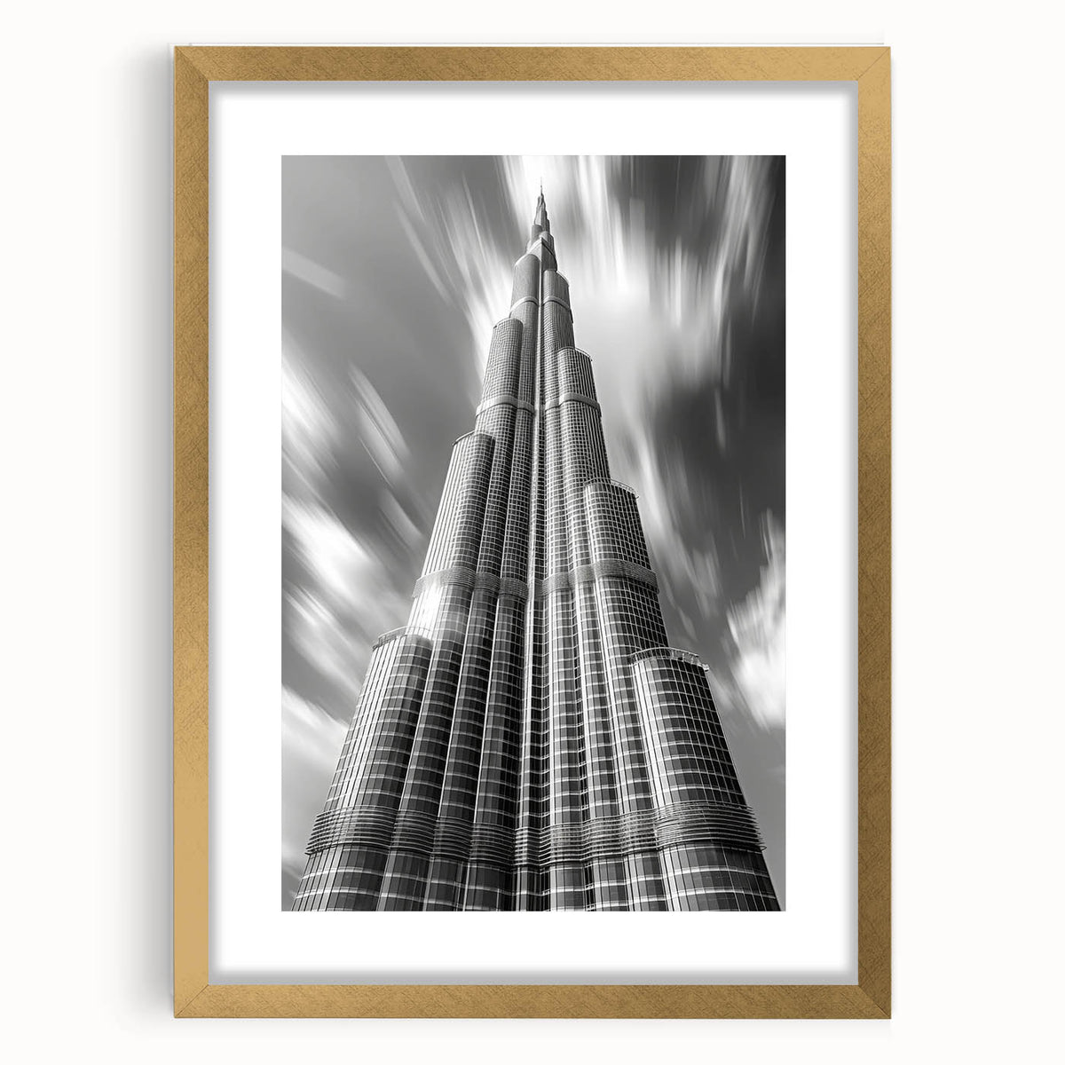 Extra large abstract art print of Burj Khalifa in textured gold tones on a framed canvas, suitable for living room decor.