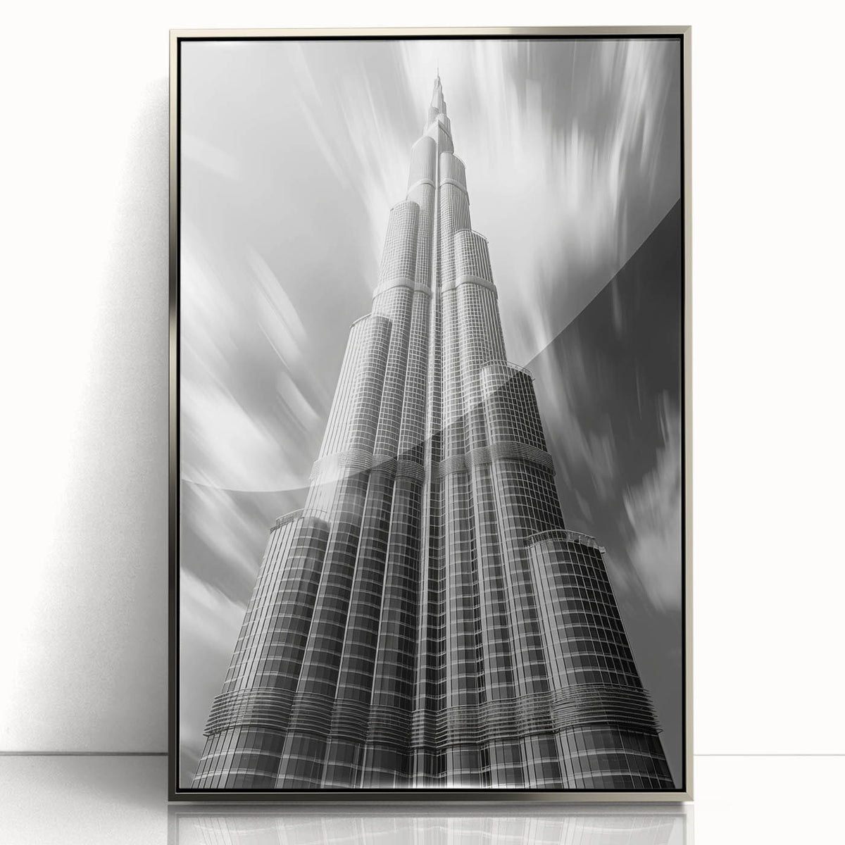 Mid-century modernist art of Burj Khalifa in muted silver tones on a framed acrylic print.