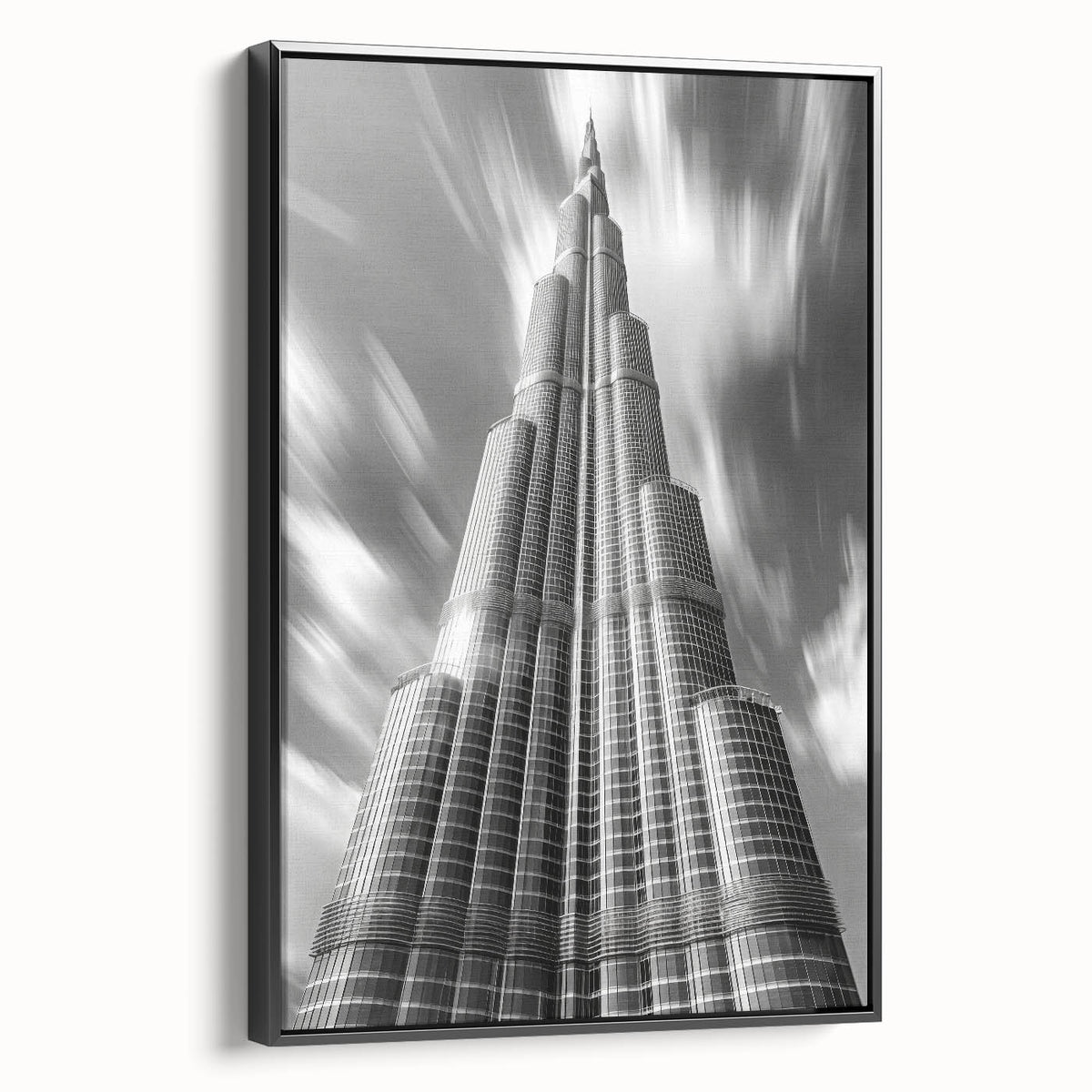 Black and white wall art of the Burj Khalifa on a framed canvas, ideal for bedroom decor.