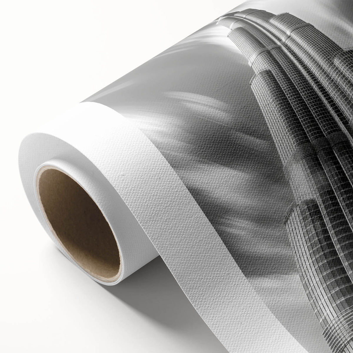 Art deco poster of Burj Khalifa in muted gray tones on rolled canvas, ideal for nursery wall art.