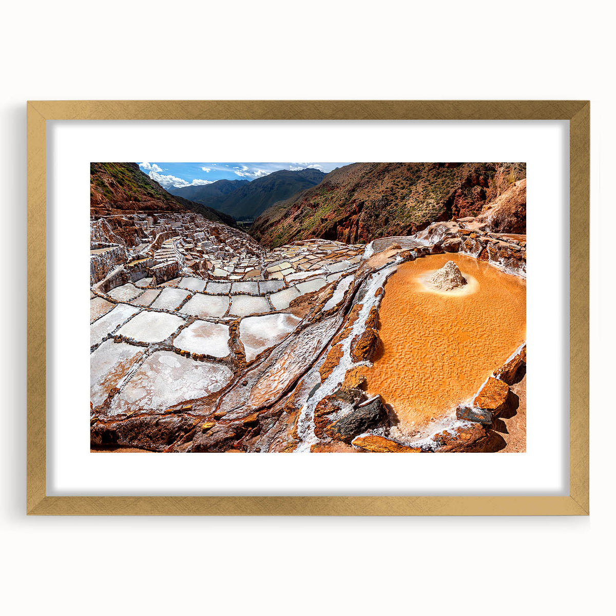 Extra large textured abstract art print of South American scenery in a gold frame, suitable for living room decor.
