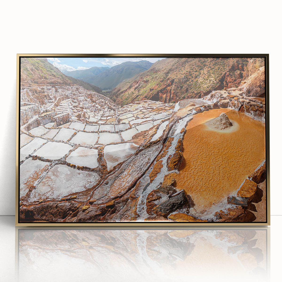 Acrylic print of a South American landscape featuring muted earth tones in a mid-century modernist style.