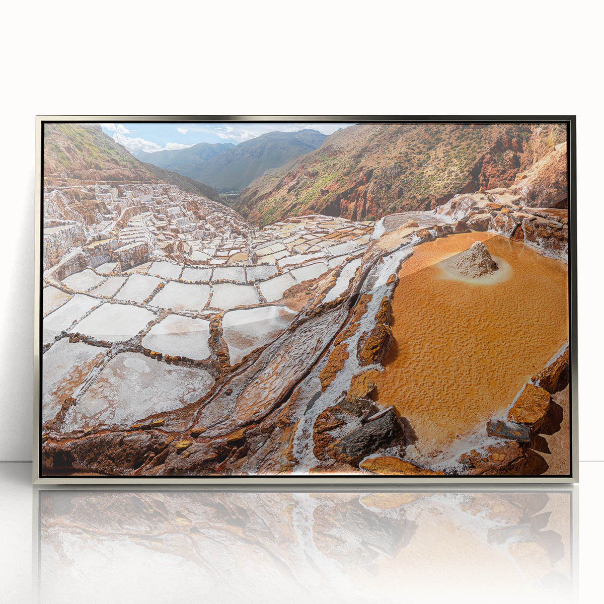 Mid-century modernist art depicting a scenic view of a Peruvian landscape, framed in silver acrylic.