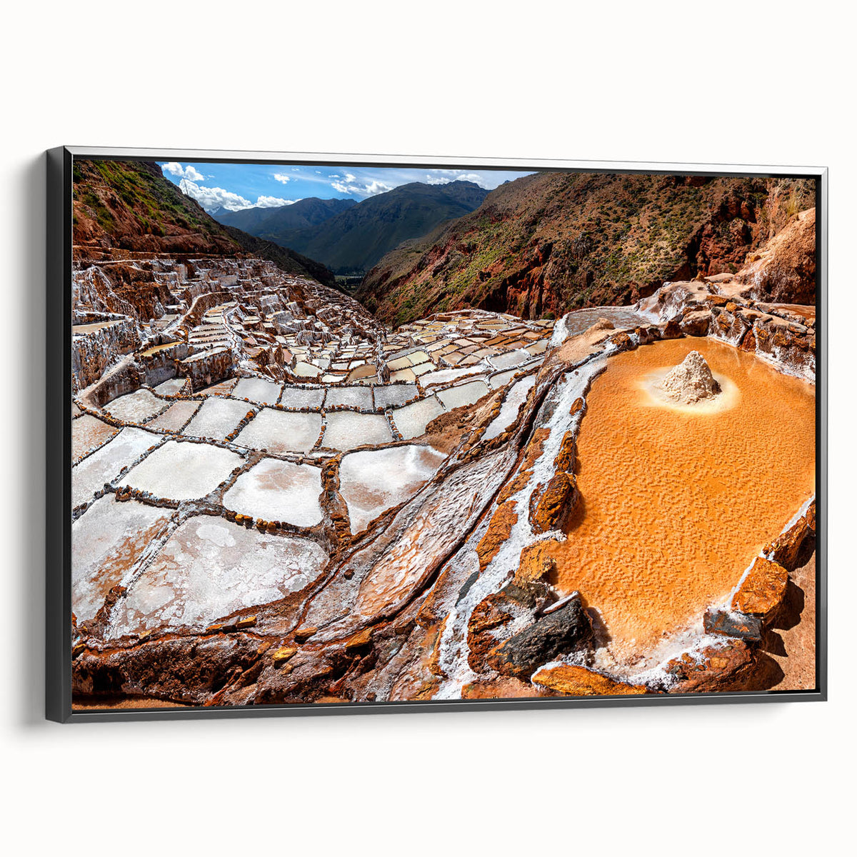 Black and white framed canvas featuring a vintage poster art style landscape of a Peruvian scenery.