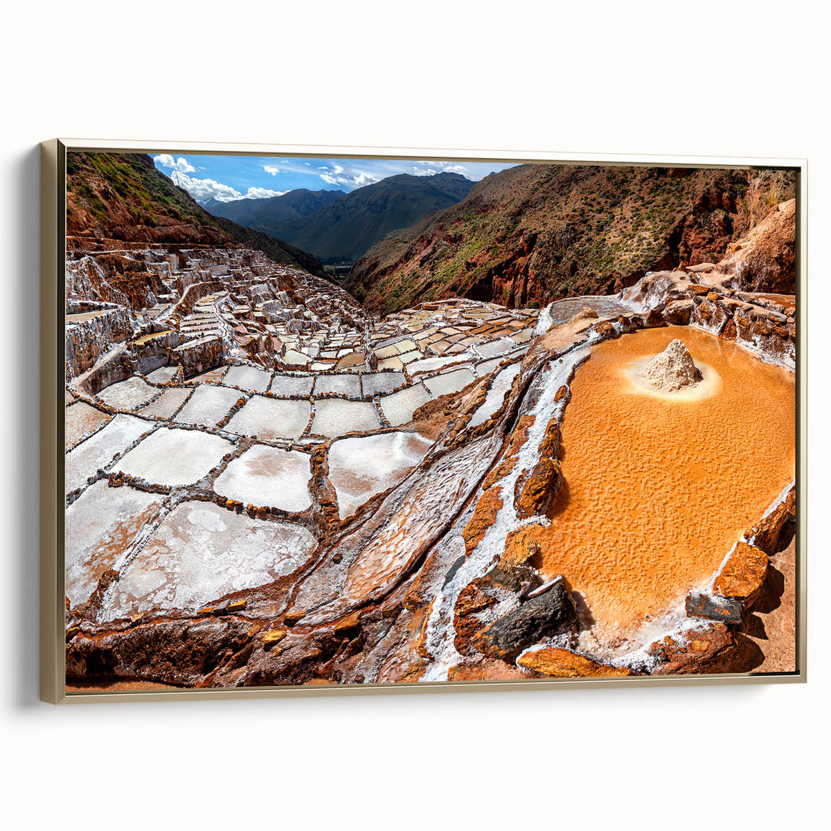 Framed canvas depicting a vintage-style Peruvian landscape in muted earth tones, ideal for bedroom wall art.