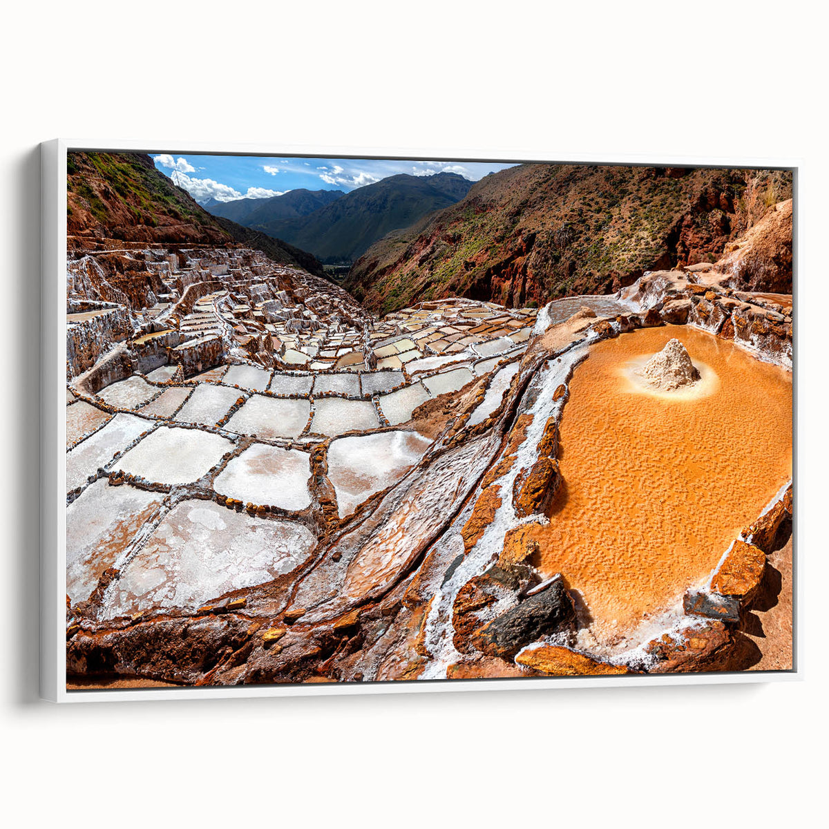 Vintage poster art of a scenic South American landscape in vibrant colors on a white framed canvas.
