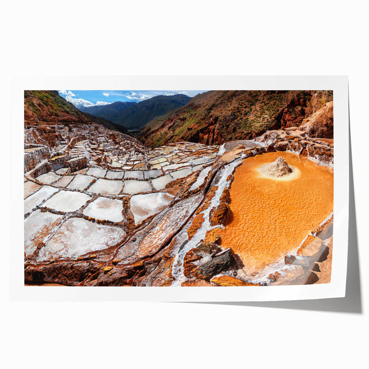 Rolled print of a Peruvian landscape featuring lush greenery and mountains, ideal for art wall dining room decor.