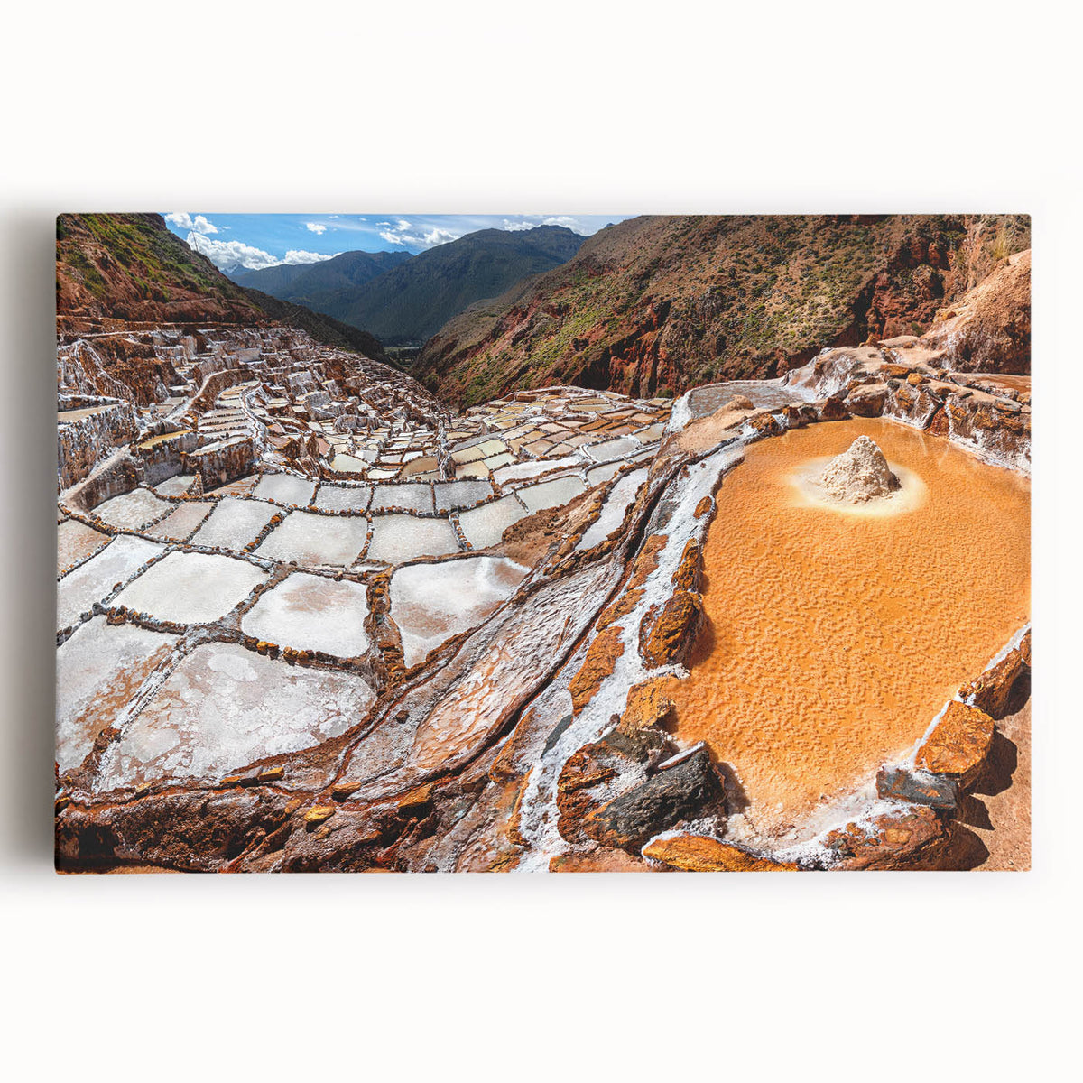 Black and white stretched canvas of a scenic Peruvian landscape, ideal for kitchen wall art.