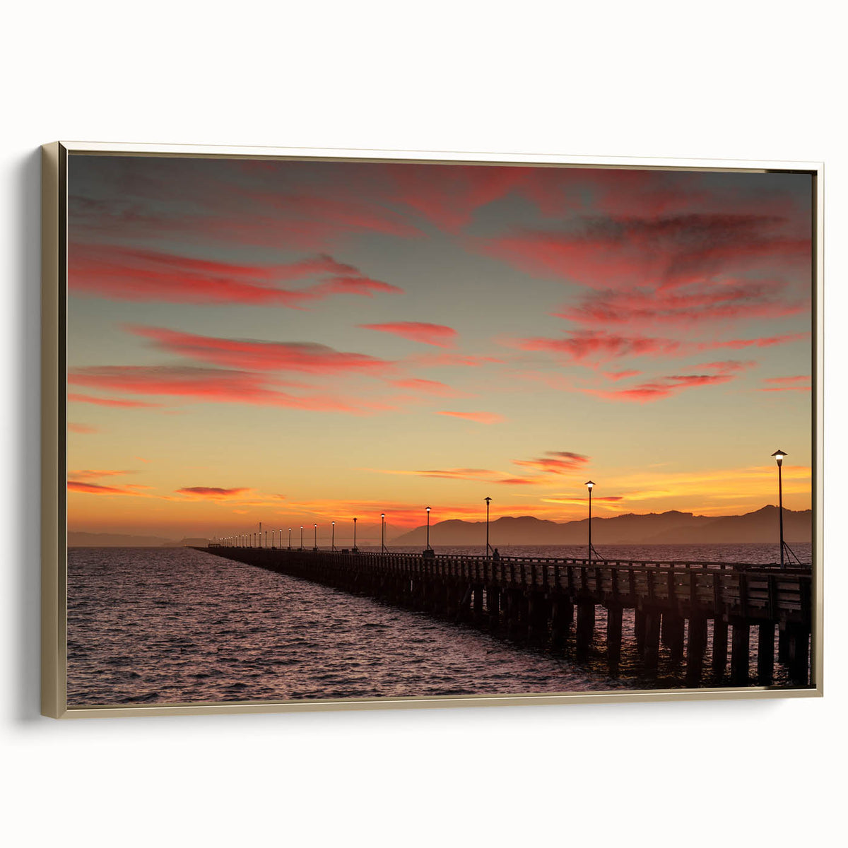 Framed canvas depicting a vintage-style Berkeley landscape in muted gold and black tones, ideal for bedroom wall art.