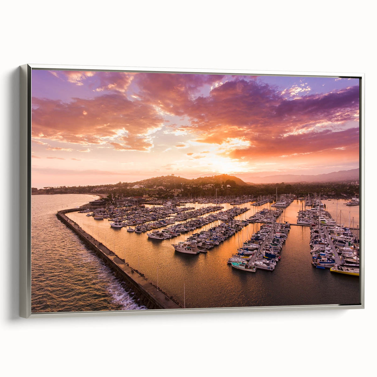 Framed canvas landscape art painting of Santa Barbara with colorful, vintage-style design.