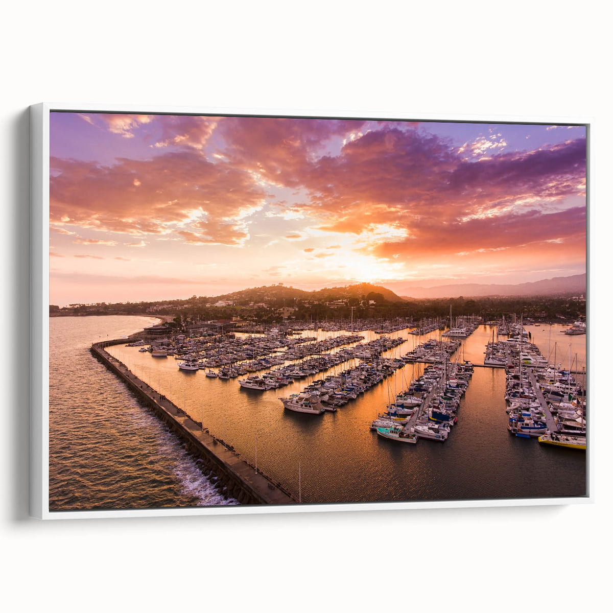 Vintage poster art of Santa Barbara in colorful tones on extra large framed canvas, suitable for living room decor.