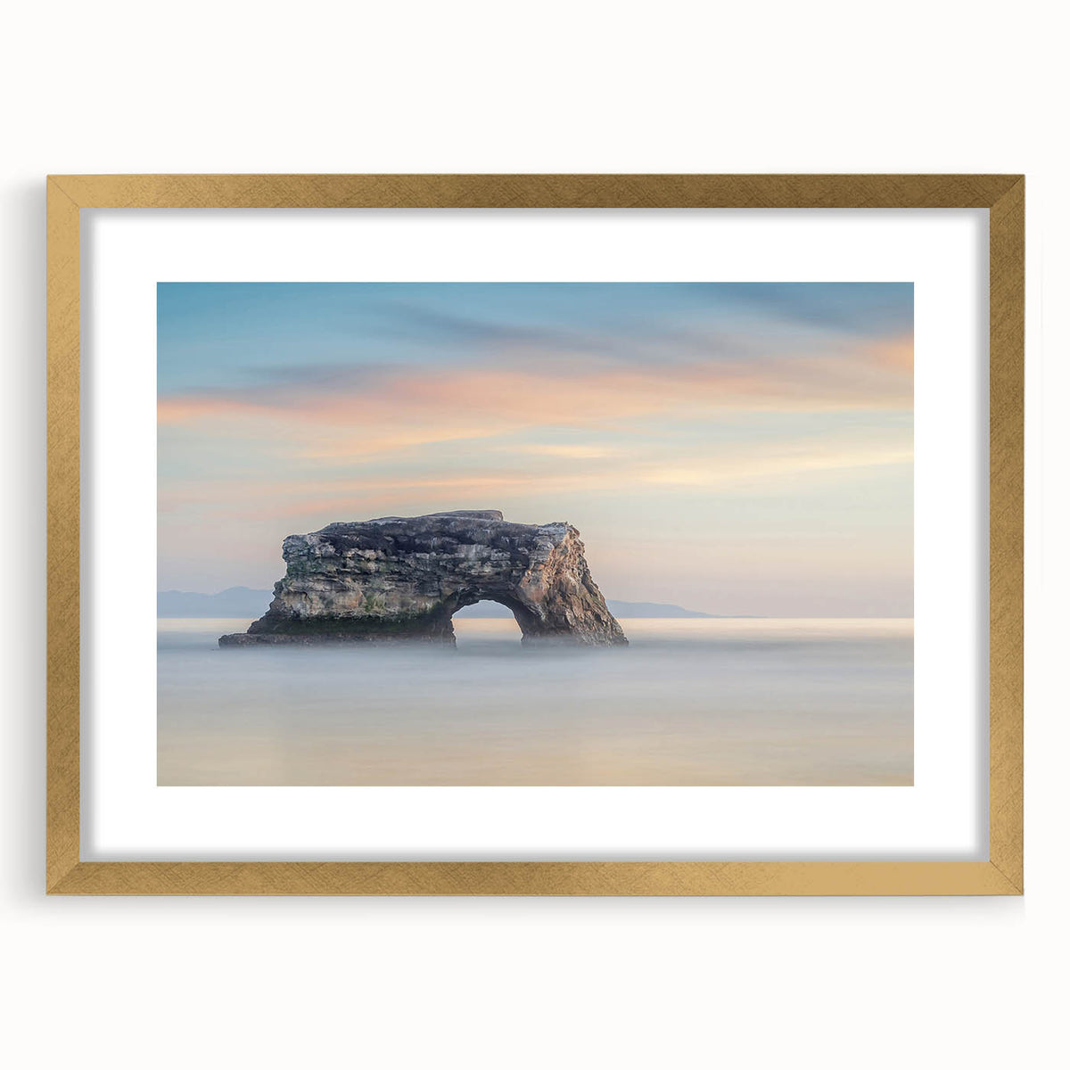Extra large abstract art print of Santa Cruz scenery in muted earth tones on a textured canvas, framed in gold.