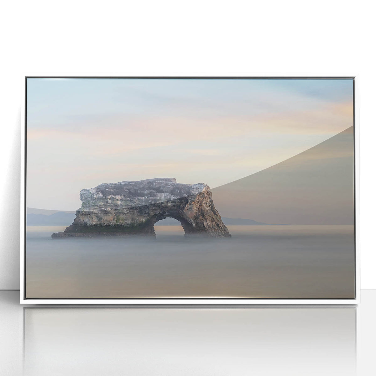Art deco poster of Santa Cruz landscape in muted aqua and coral, framed acrylic, ideal for modern nursery wall art.