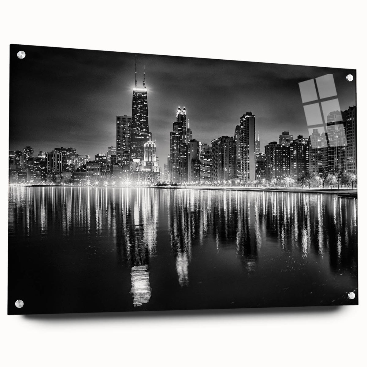 Acrylic print of a large abstract depiction of the Chicago skyline in cool blue and gray tones.