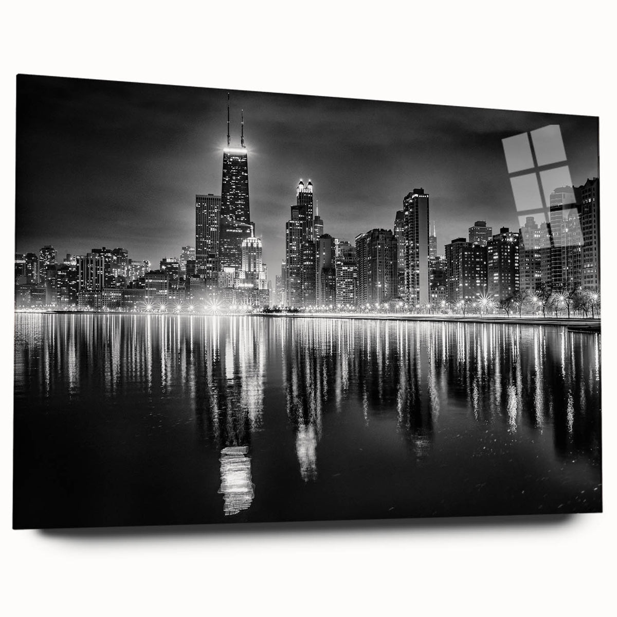 Acrylic print of abstract Chicago skyline in muted gray and blue tones, suitable for bedroom or dining room art.