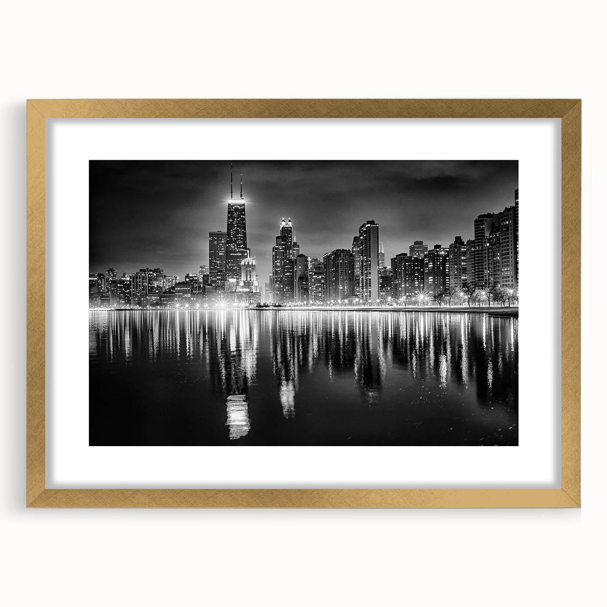Extra large abstract art print of Chicago skyline in muted gray and gold hues on a framed canvas.