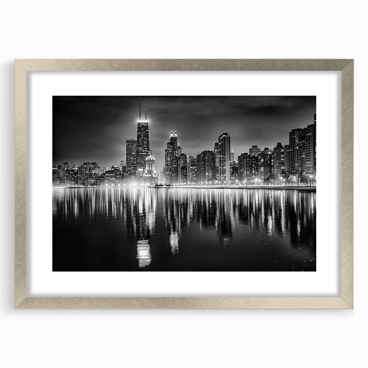 Textured abstract art print of Chicago skyline in muted blue and gray tones on a framed canvas, suited for bedroom art.