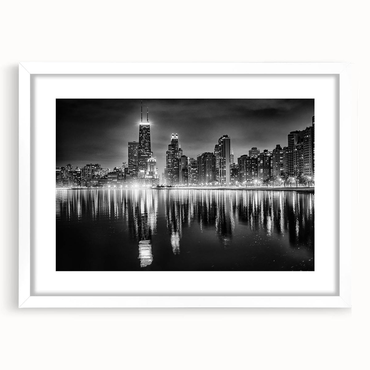 Abstract art print of Chicago skyline in muted blue and gray tones on a framed white canvas, ideal for dining room decor.