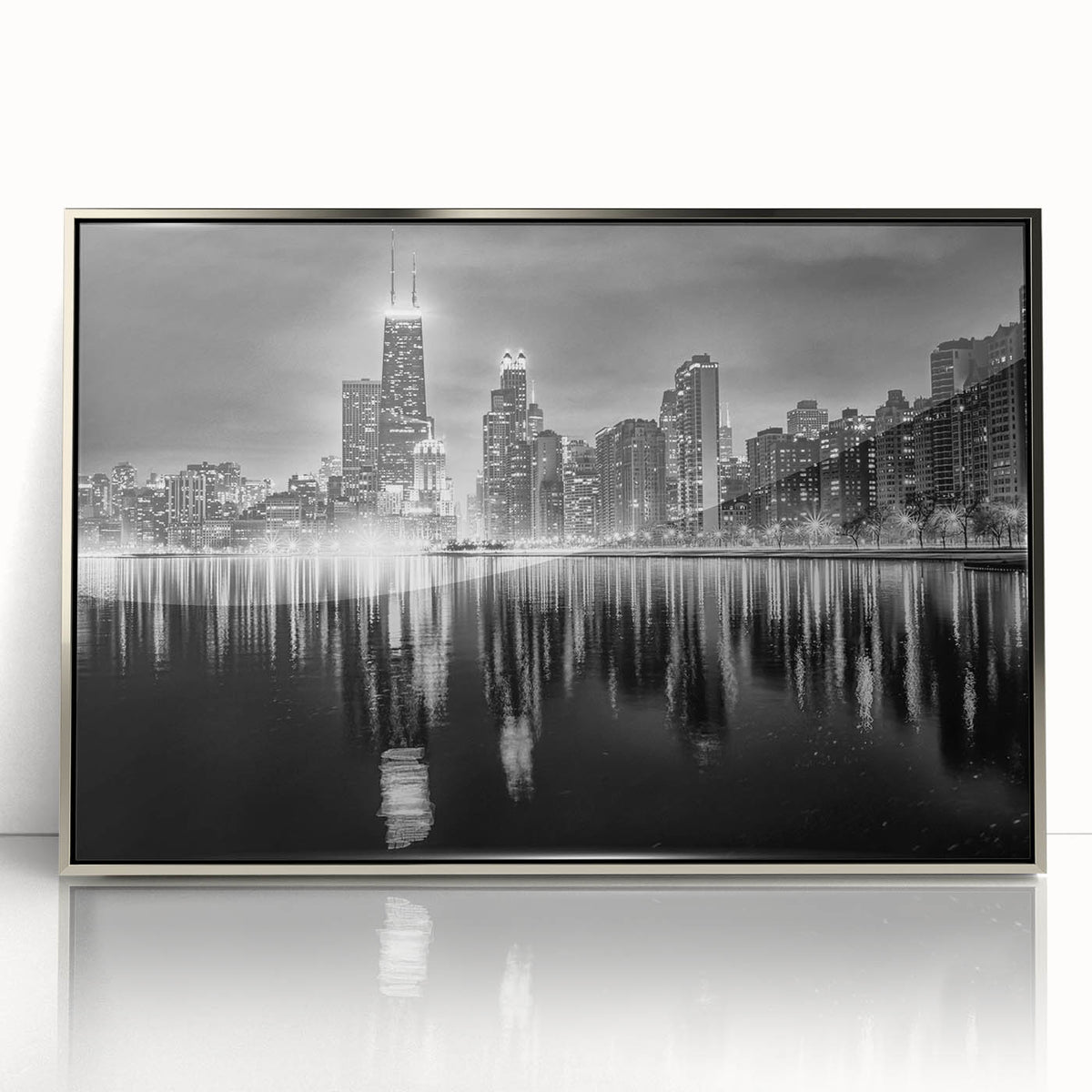 Mid-century modernist art depicting the Chicago skyline in muted blue tones on a framed acrylic print.