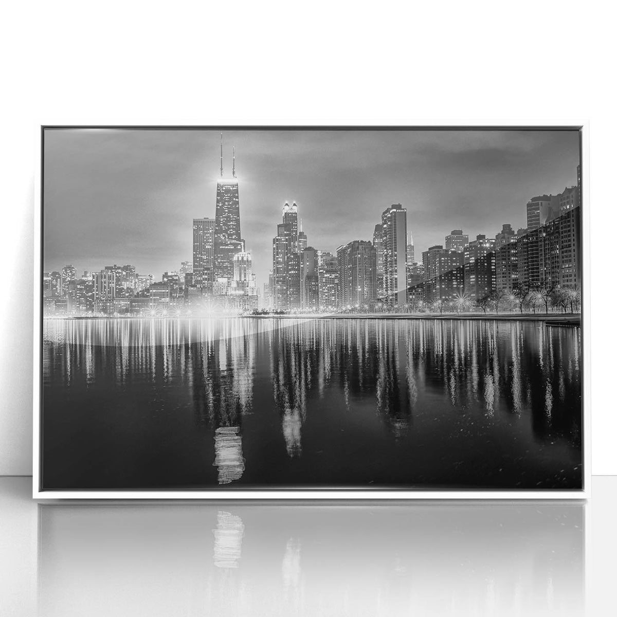 Art deco style Chicago skyline in muted gray and blue tones on a white framed acrylic, ideal for modern art wall decor.