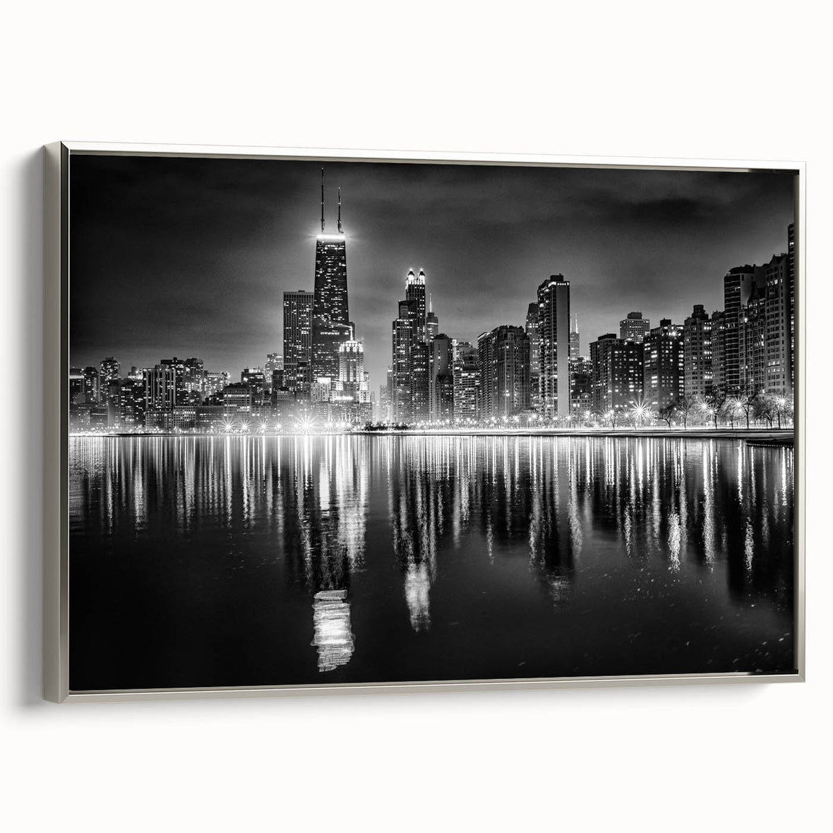 Framed canvas depicting a vintage-style Chicago skyline in colorful art palette, ideal for office decor.