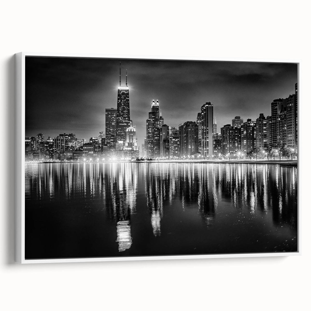 Vintage poster art of Chicago skyline in vibrant colors on a large framed canvas, ideal for living room decor.