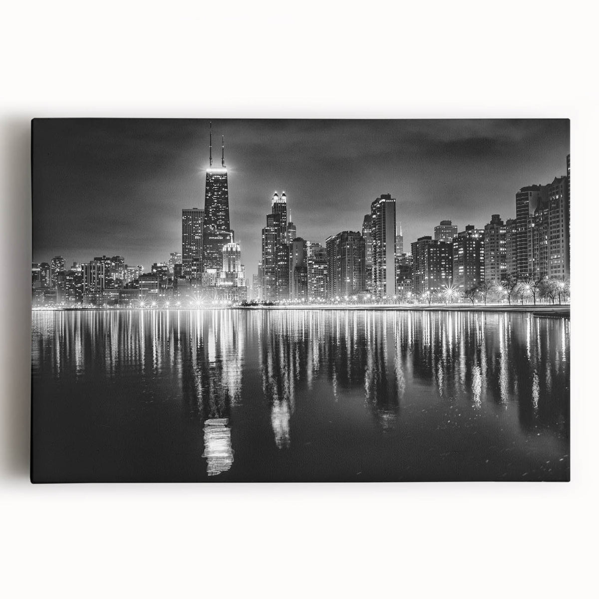 Black and white large art print of Chicago skyline on stretched canvas, ideal for kitchen wall art.