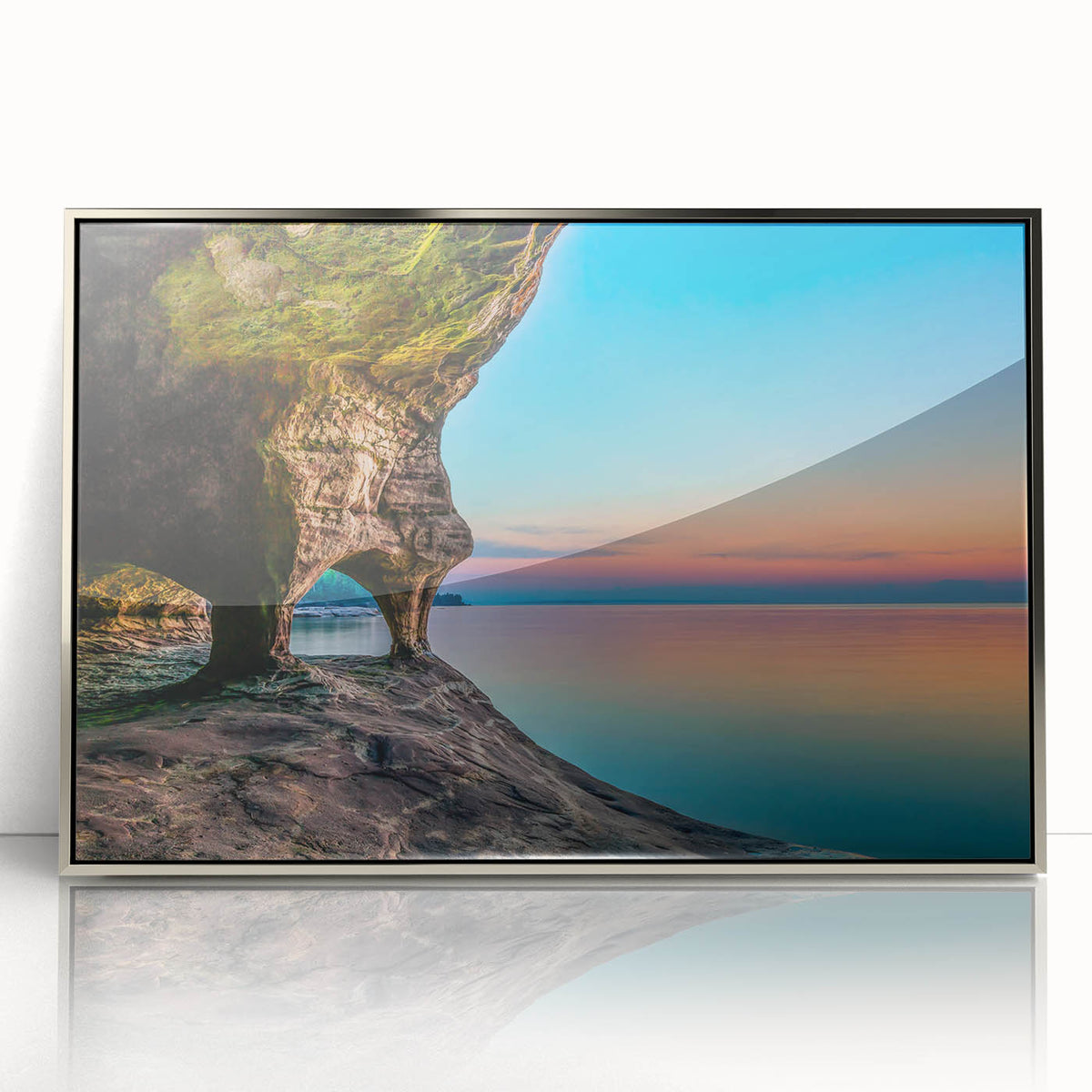 Mid-century modernist art of Lake Michigan, featuring cool blue and silver tones on a framed acrylic print.