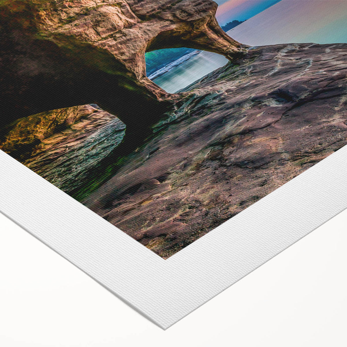 Art deco poster of Lake Michigan, featuring soft blue and gray hues on rolled canvas, suitable for dining room wall art.