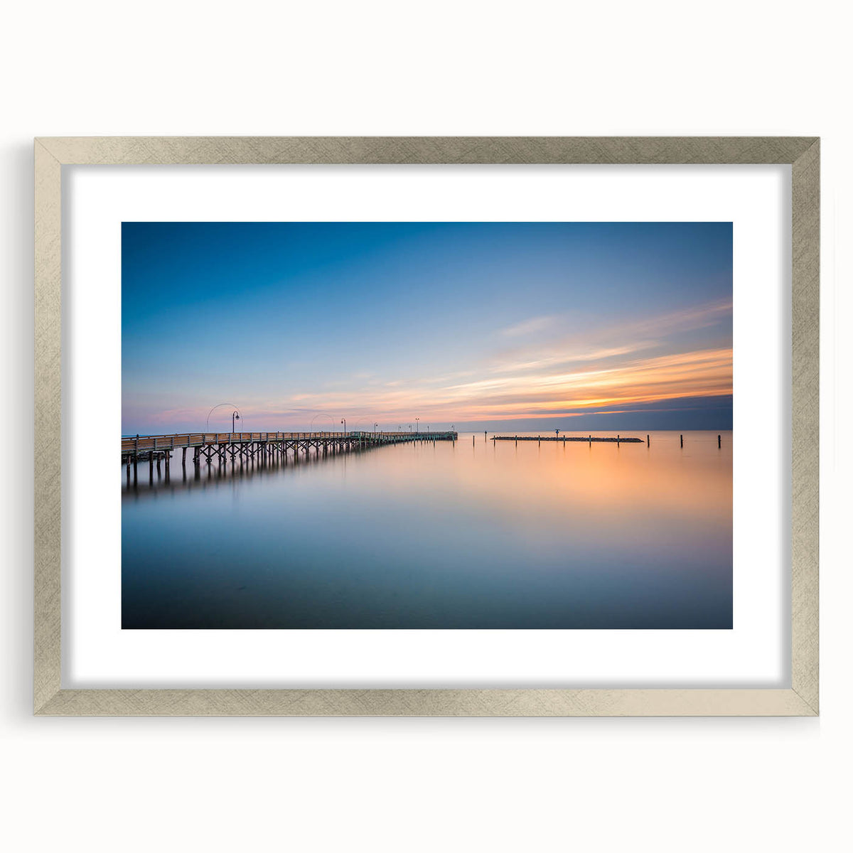 Textured art of abstract Chesapeake Bay in muted blue and green tones, silver-framed with mat, ideal for bedroom art.