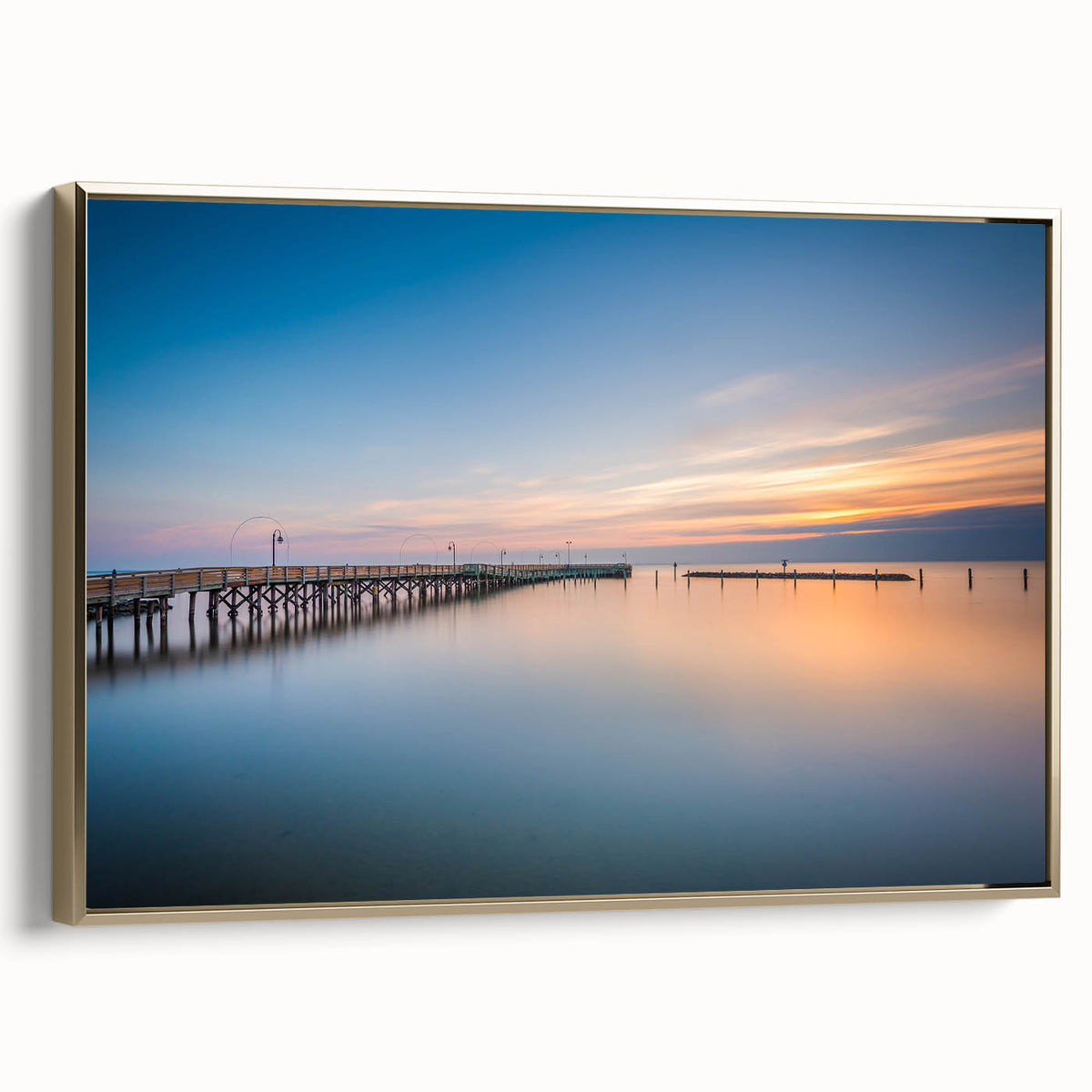 Vintage poster art of Chesapeake Bay on framed canvas, featuring a colorful depiction with gold edges.