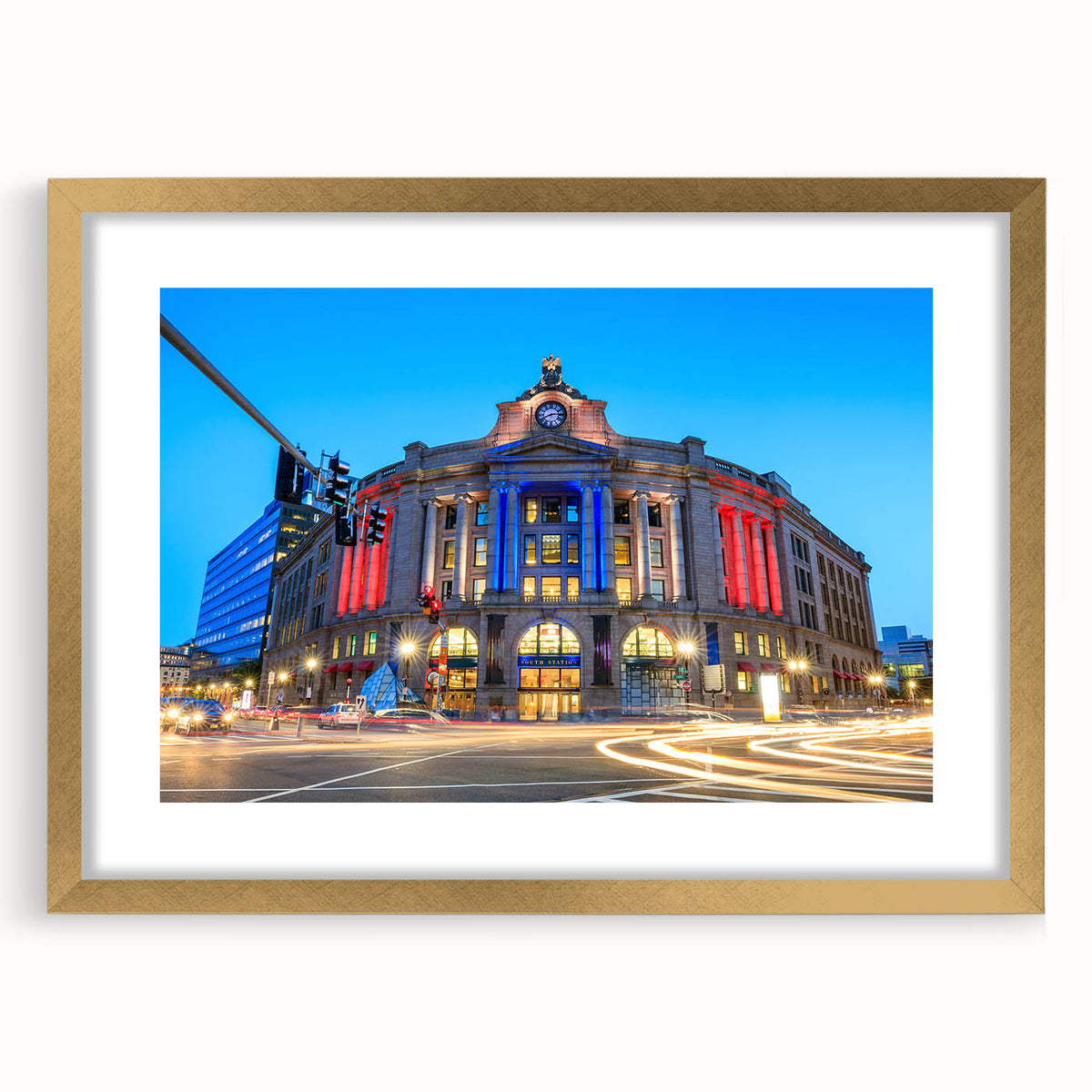 Extra large framed abstract art print of Boston scenery with textured gold mat, in muted earth tones.