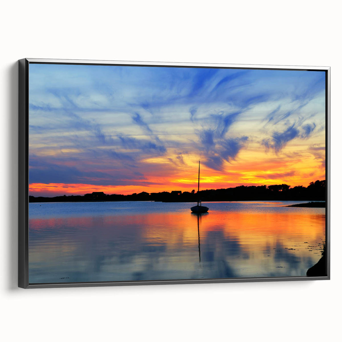 Black and white wall art featuring a vintage-style landscape of Cape Cod, Massachusetts on a framed canvas.