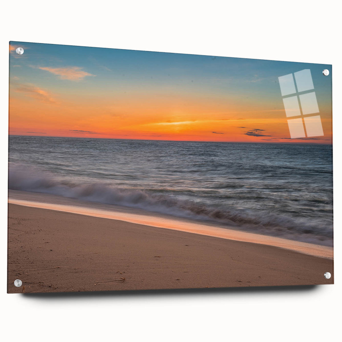 Acrylic print of a serene Nantucket landscape in muted blues and greens, suitable for bedroom or dining room decor.