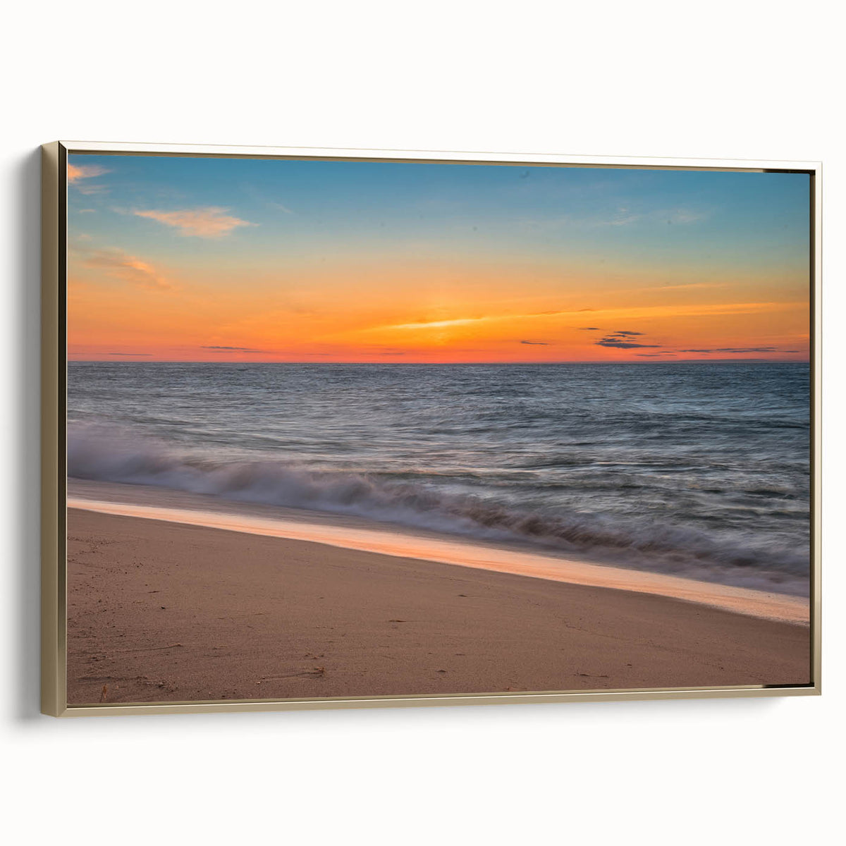 Framed canvas depicting a vintage-style landscape of Nantucket in muted gold and black tones, ideal for bedroom wall art.