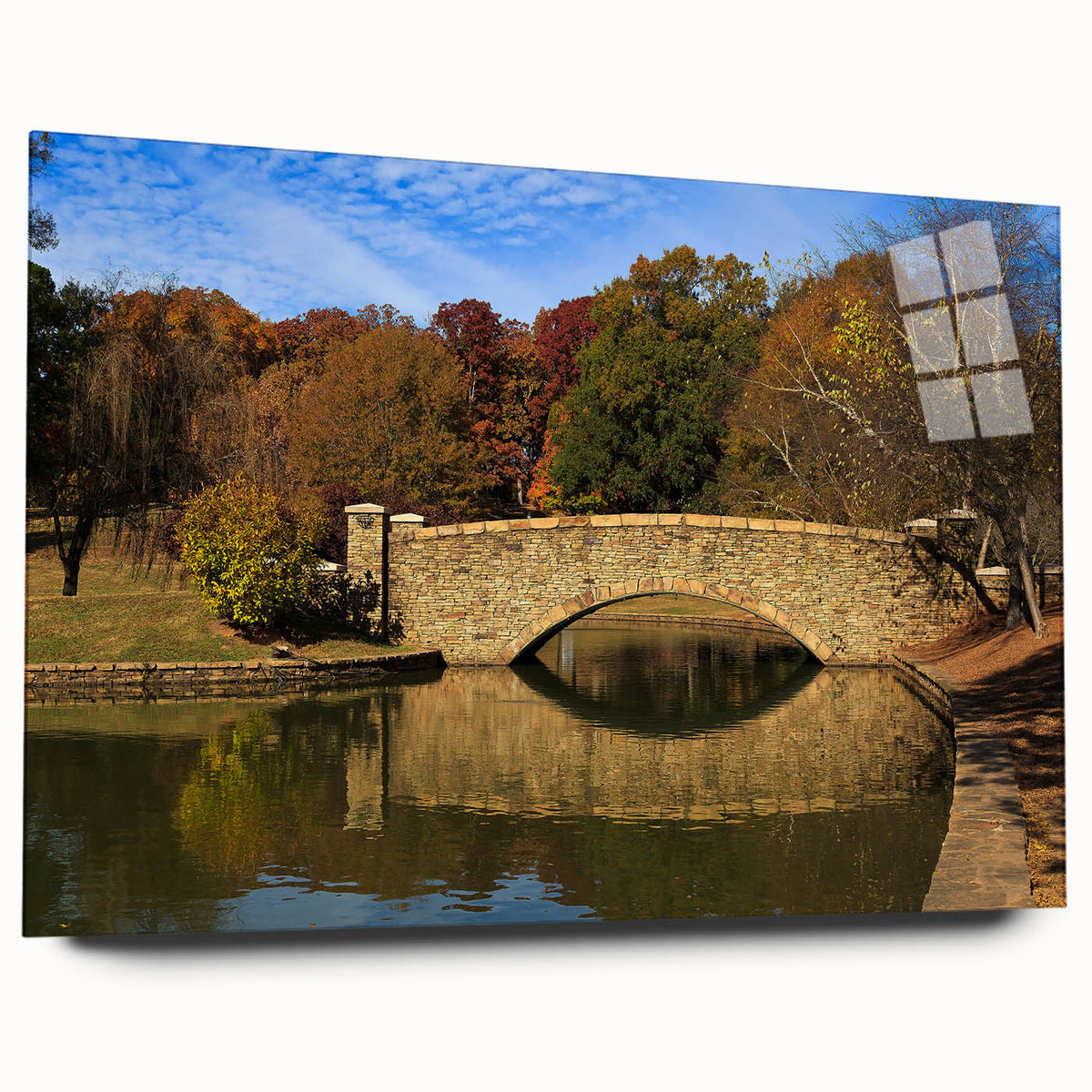 Acrylic print of a large abstract depiction of Charlotte's skyline in muted blue and gray tones.