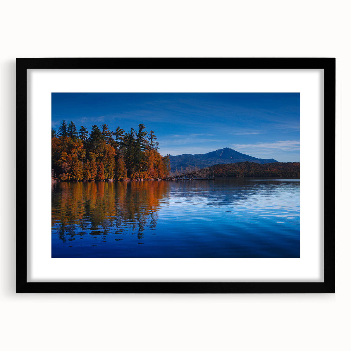 Extra large abstract art print of Adirondacks scenery in colorful, textured style on a black framed canvas.