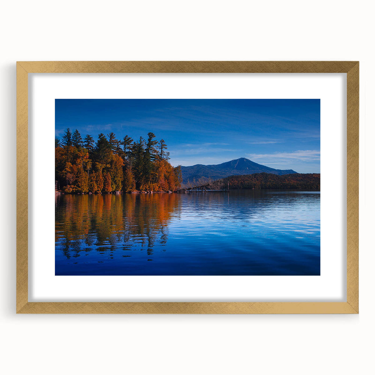 Extra large abstract art print of Adirondacks scenery in textured gold frame, ideal for living room decor.