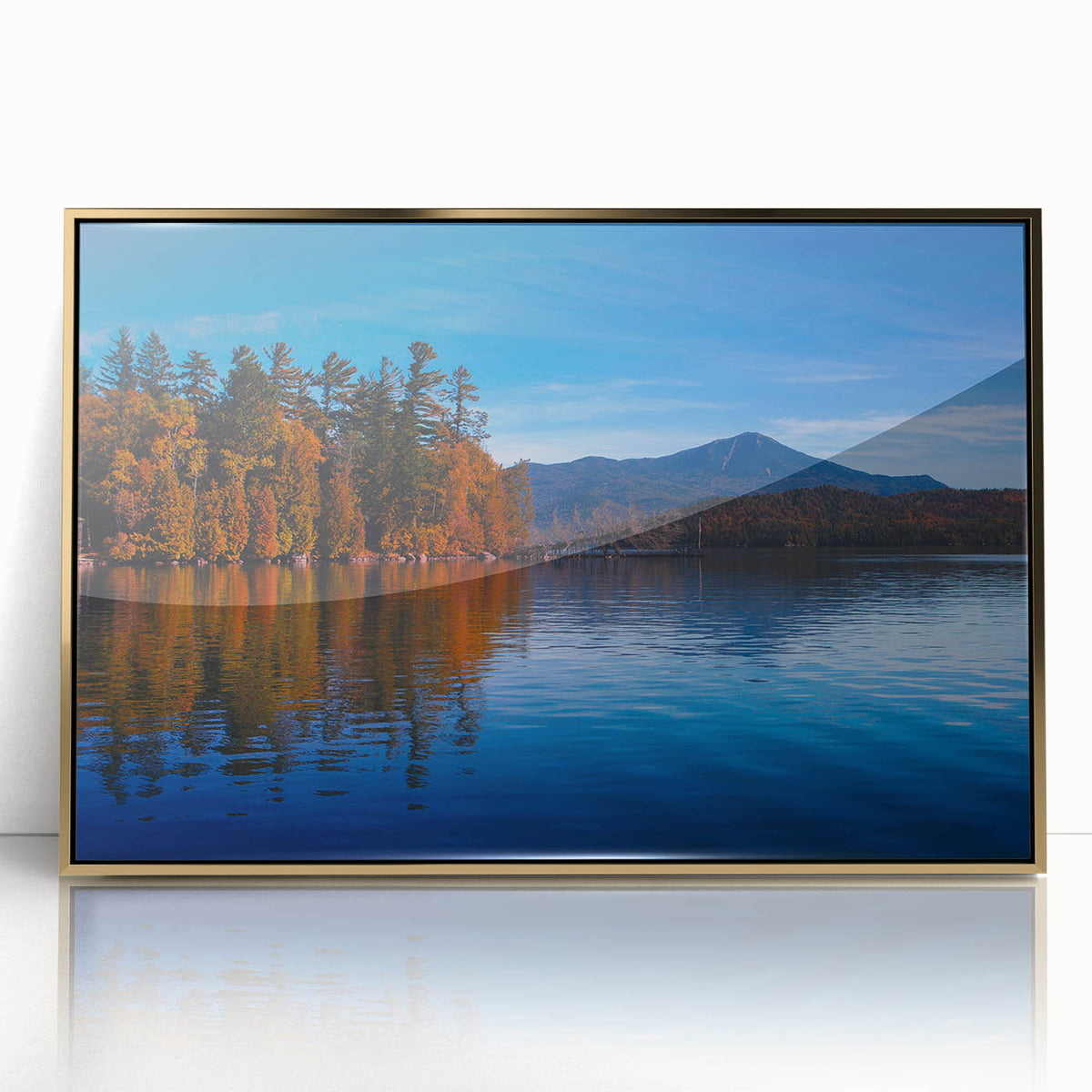 Framed acrylic print of Adirondack scenery in gold tones, ideal for modern art wall decor.