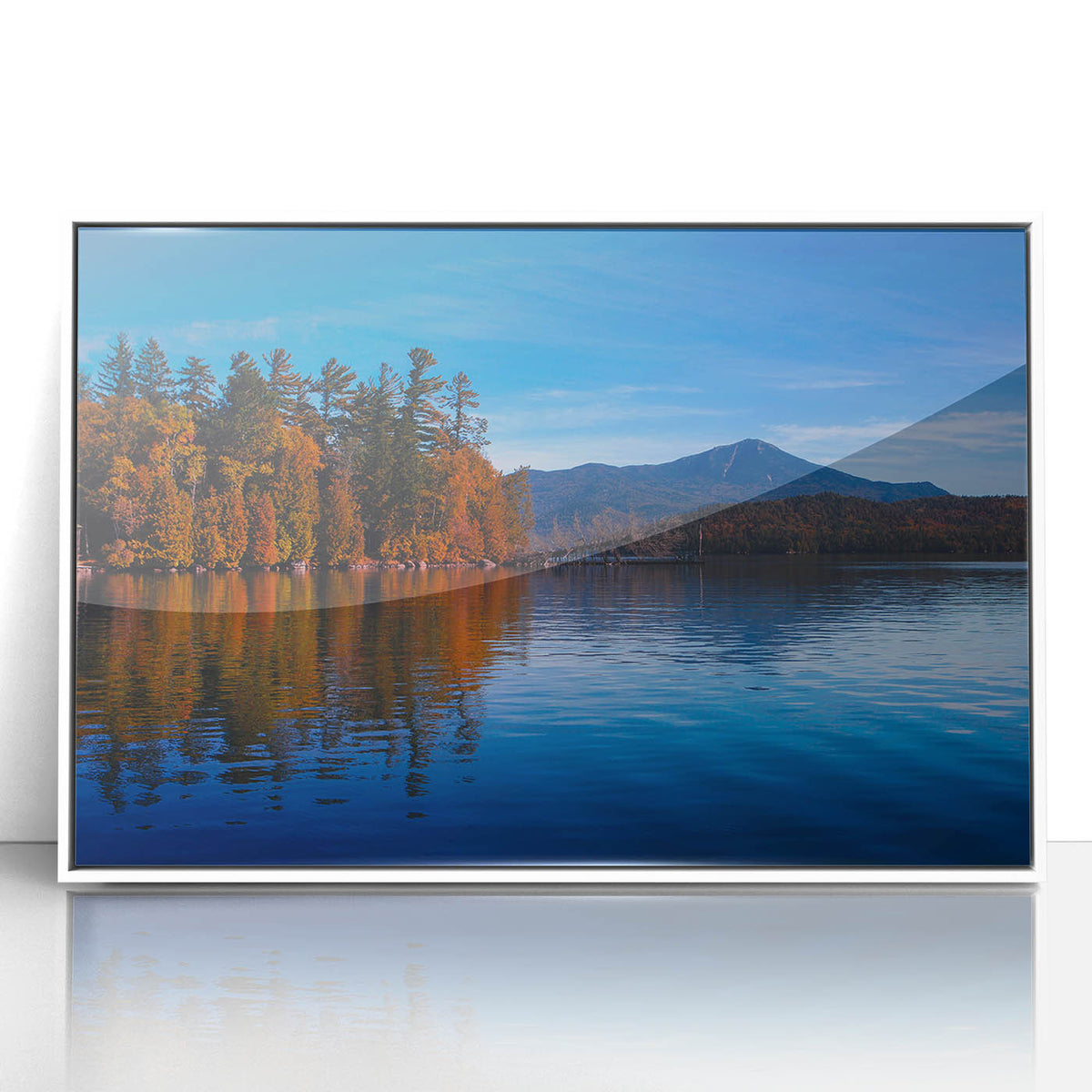 Art Deco poster of Adirondacks scenery in cool blue and white tones on framed acrylic, ideal for nursery wall art.