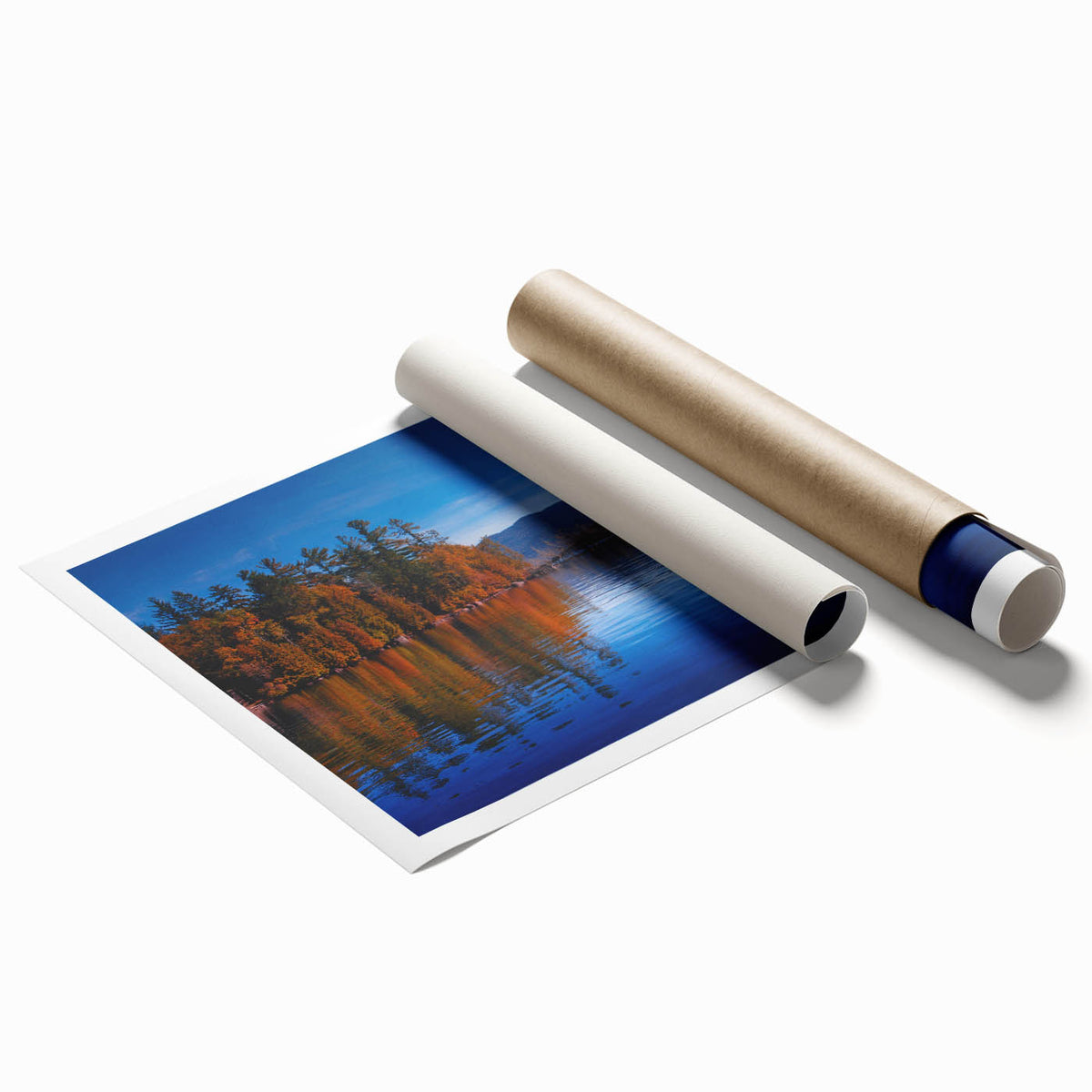 Extra large rolled print of Adirondack scenery in muted green and blue tones, suited for classy bathroom wall art.