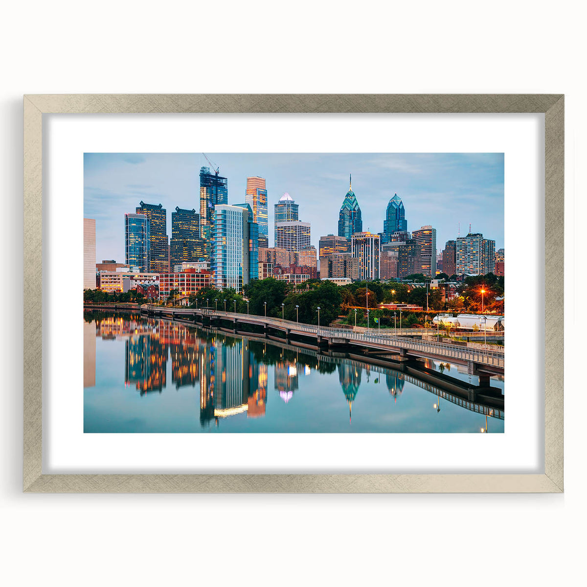 Textured art print depicting an abstract Philadelphia skyline in muted gray and blue tones, framed in silver.