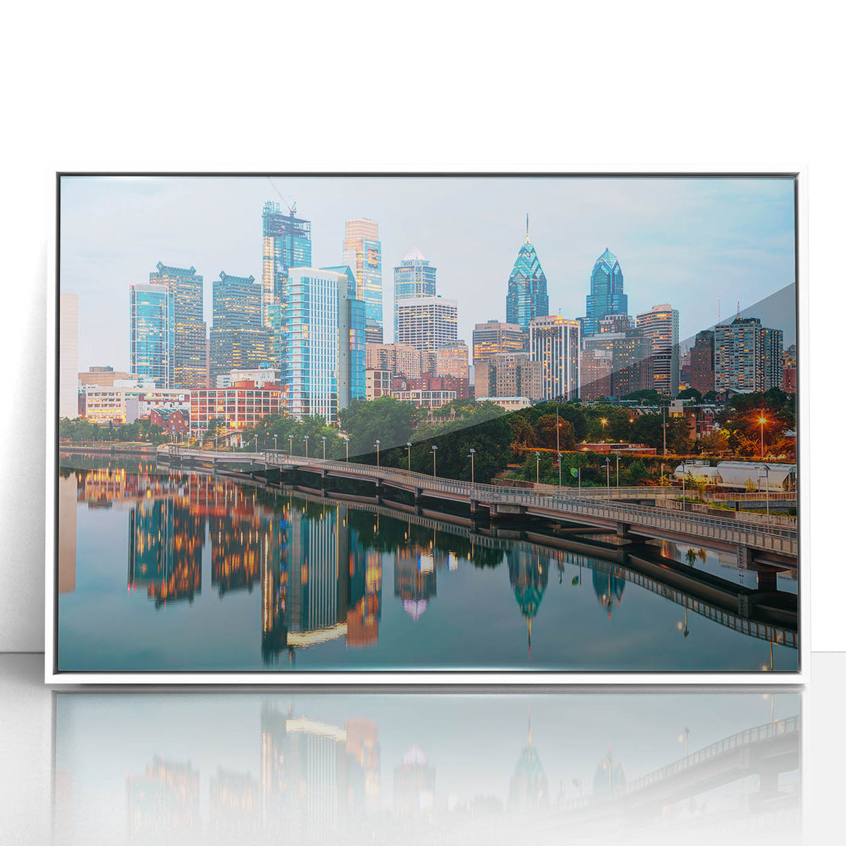 Art deco poster of Philadelphia skyline in muted gray and blue tones on framed acrylic, suitable for modern art wall decor.