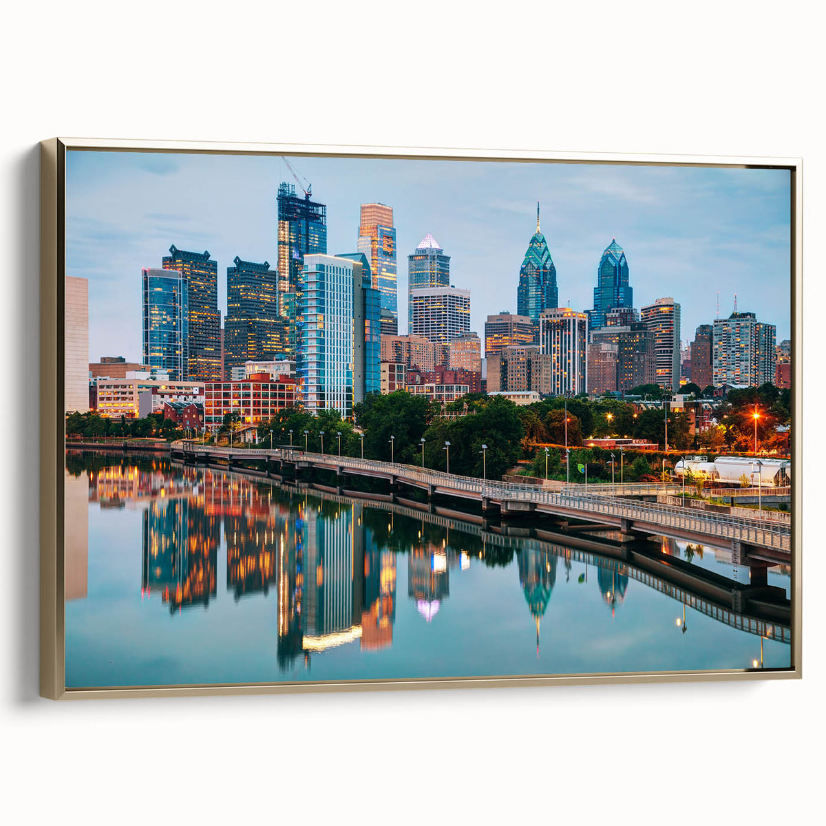 Framed canvas of a vintage-style Philadelphia landscape in muted gold and black tones, ideal for bedroom wall art.