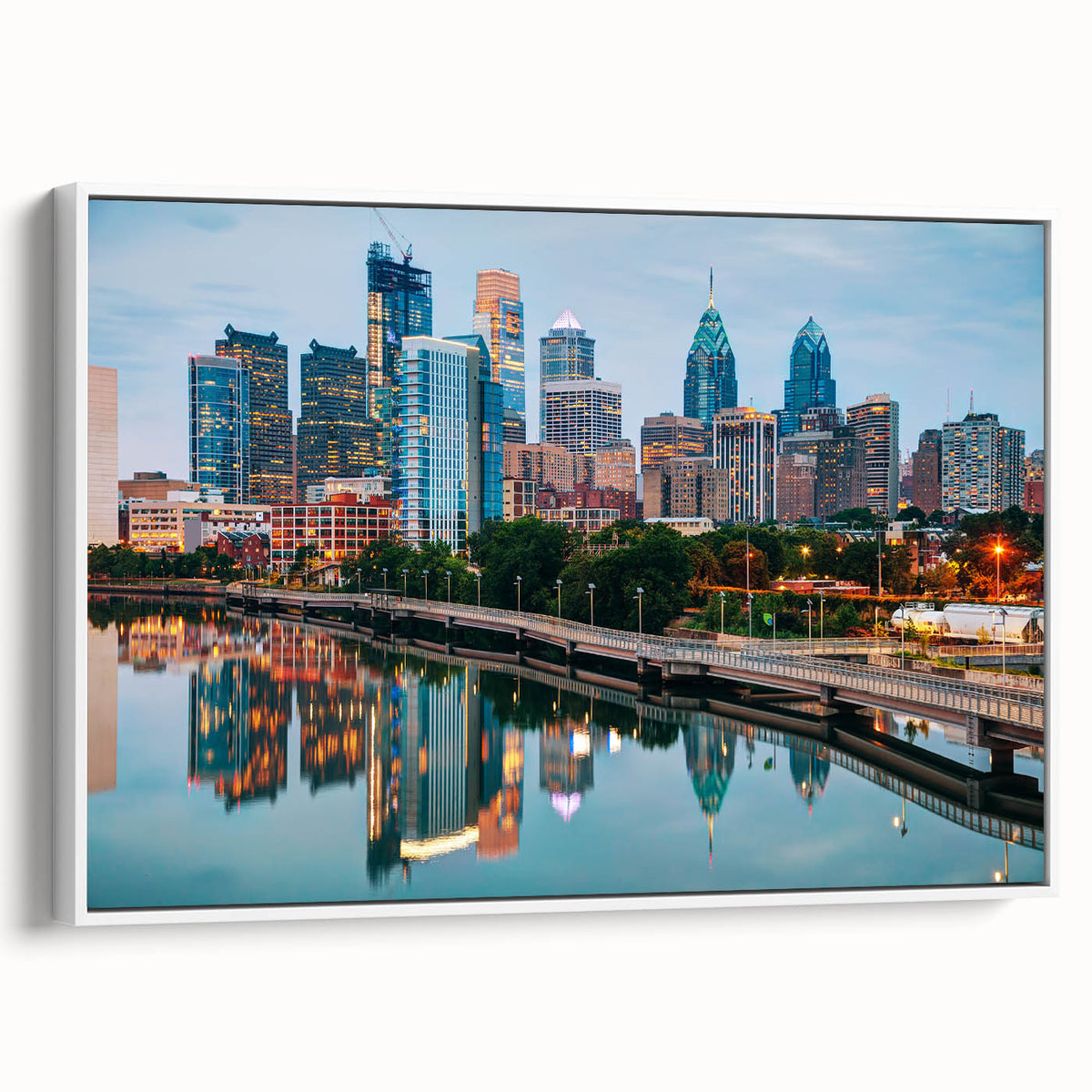 Vintage poster art of Philadelphia skyline in colorful hues on extra large framed canvas, ideal for living room decor.