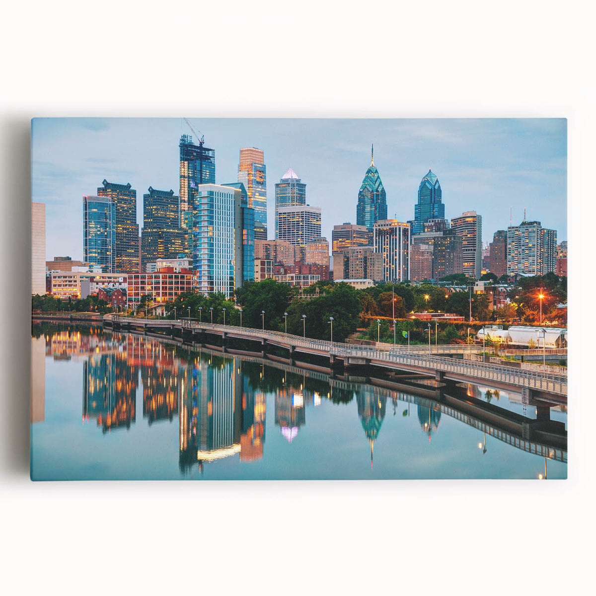 Black and white stretched canvas of Philadelphia scenery, ideal for kitchen wall art.