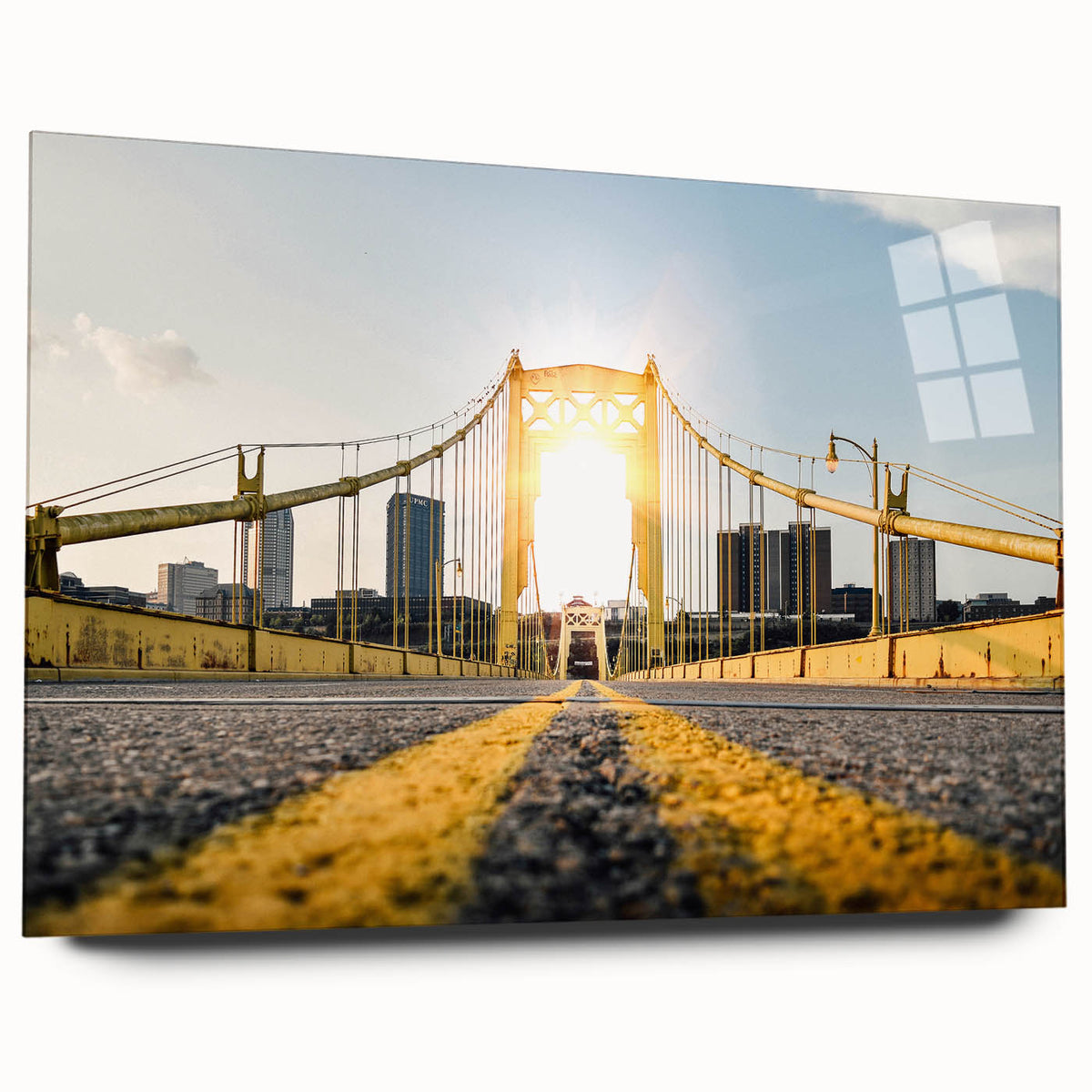 Acrylic print of large abstract Pittsburgh skyline in muted gray and blue tones, ideal for bedroom or dining room art.