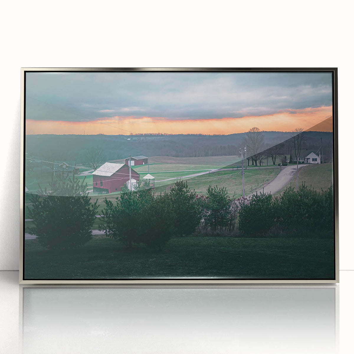 Mid-century modernist art depicting a Pennsylvania landscape, in muted green and blue tones, framed acrylic.