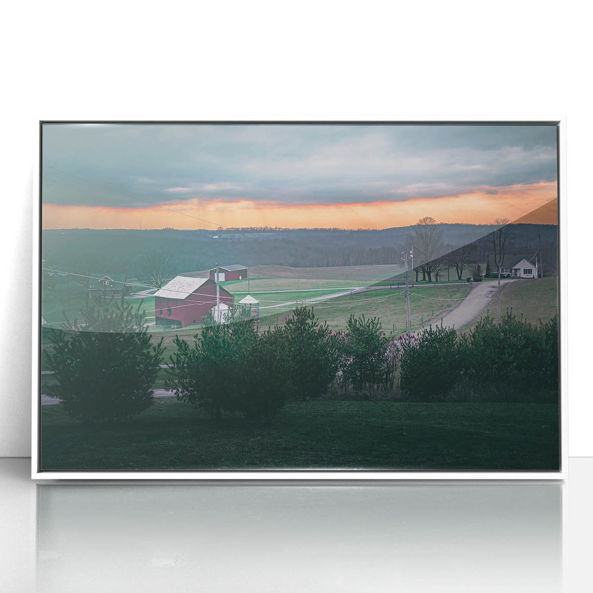 Art deco poster of Pennsylvania scenery in muted blue and white tones, acrylic framed, ideal for nursery wall decor.