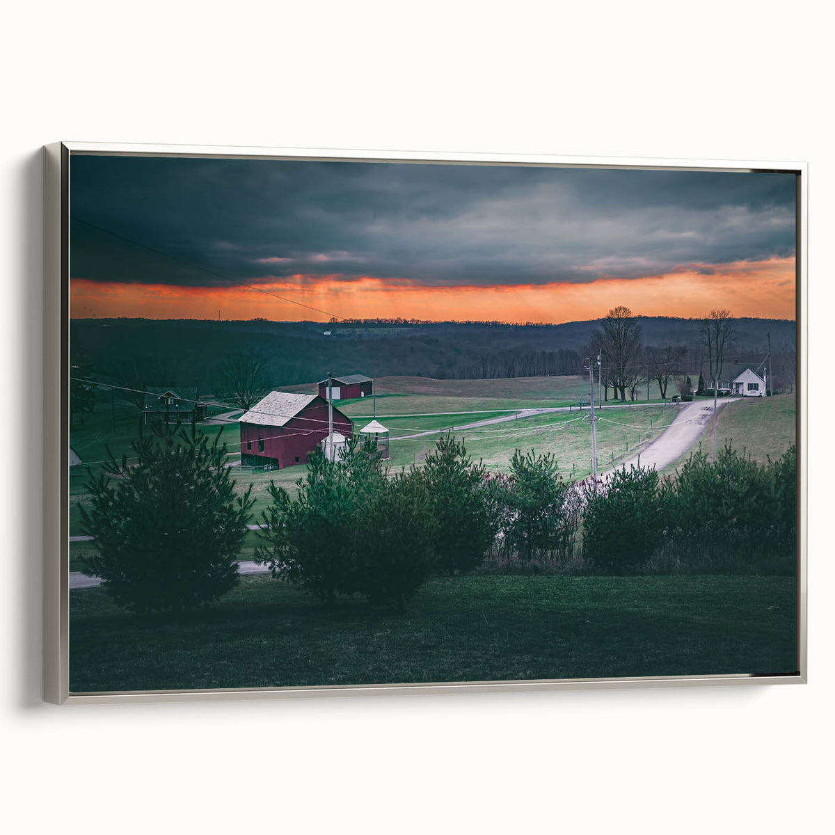 Framed canvas featuring a vintage-style Pennsylvania landscape painting with vibrant colors on a black background.